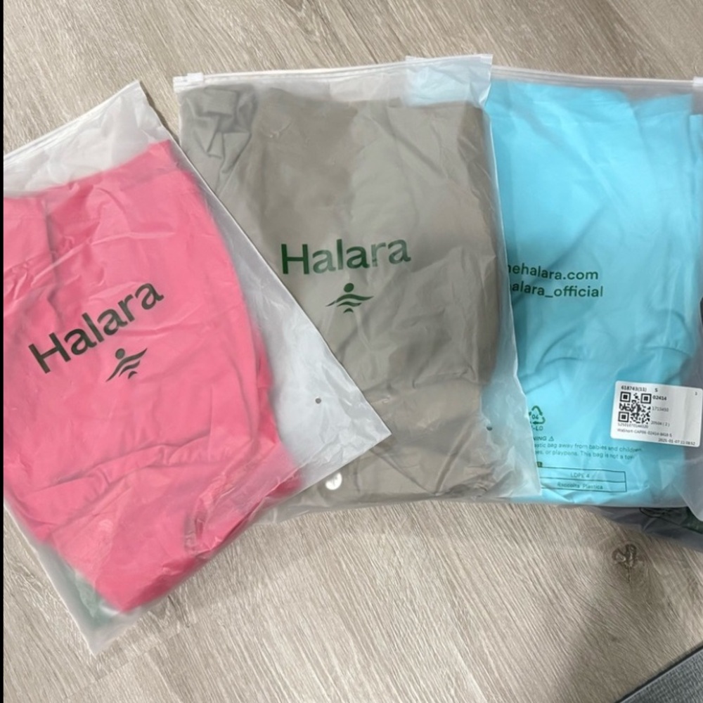 Halara Activewear Set in Winterberry, Withered Green, and Loka Blue. 2.5”